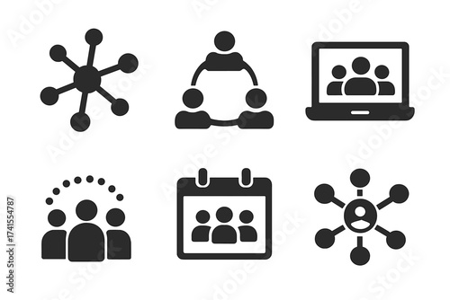 Networking icon set for business connections and community. Vector collection of solid icons for relationship, online social network, and corporate events. Glyphs for teamwork.