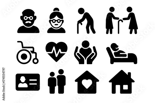 Elderly icon set with senior care, retirement, and caregiver concepts. Pictogram collection includes accessibility, health, pensioner, hospice, ageing, and nursing home symbols.