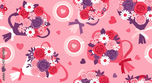 Floral pattern with bouquets and heart-topped coffee cups on pink