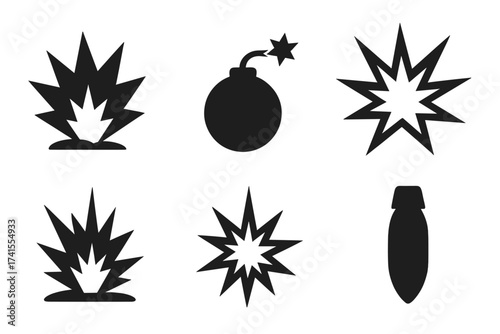 Explosion solid icon set. Vector collection of explosive weapon symbols. Bomb, dynamite, rocket, blast, burst, bang, boom icons. Danger sign, comic effect, fire flash silhouette.