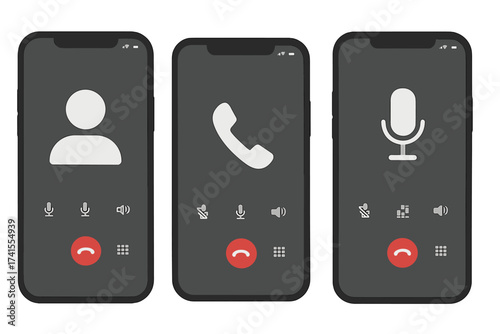 Phone call screen UI kit. Mobile smartphone display interface collection for an app. Vector illustration set of incoming, outgoing calls with avatar, mic, and call icons.