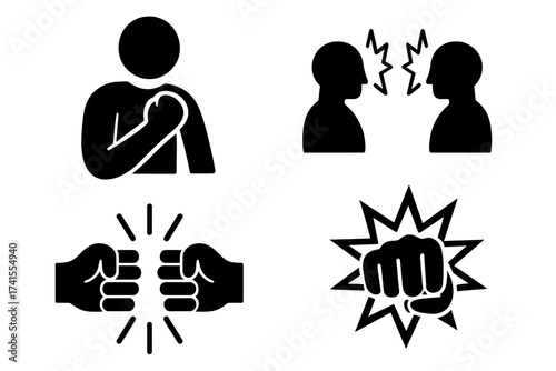 Fight icon vector set. Conflict, argument, and protest symbols. Aggression, rage, and violence pictogram collection. Fist punch, power, and clash silhouette signs.