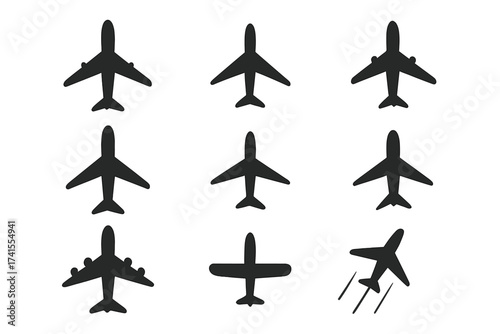 Plane icon collection vector set. Airplane flight transport symbol. Travel concept illustration. Aircraft silhouette graphic element for aviation, tourism, and airline logo design.