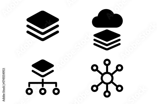 Platform and organization vector icon set. Digital data network with layer structure system symbol. Cloud computing, database server, network hub and hierarchy illustration.