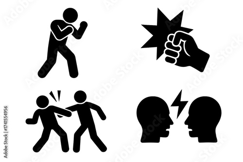 Fight icon set. Conflict, argument, and violence symbols. Vector pictograms of boxing, punch, brawl, and dispute. Aggression, anger, and confrontation illustration collection.