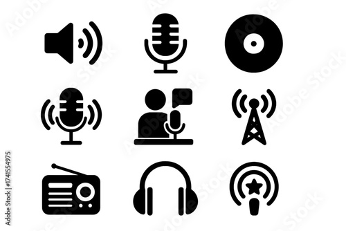 Podcast solid icon vector collection. Glyphs for audio, microphone, record, and broadcasting. Podcasting, radio, streaming, music, sound, entertainment, and studio symbol set.