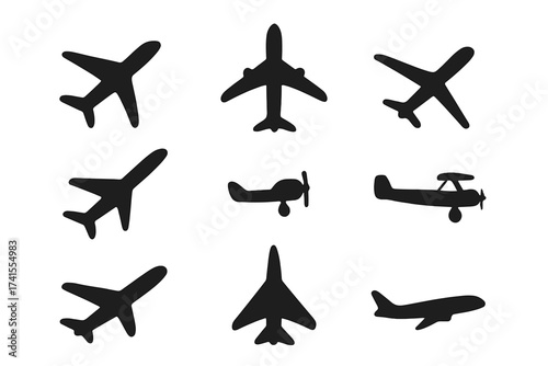 Plane icon collection. Airplane vector set. Flight transport symbol for travel, tourism, and aviation. Aircraft silhouette illustration. Jet, airliner, biplane graphic elements.