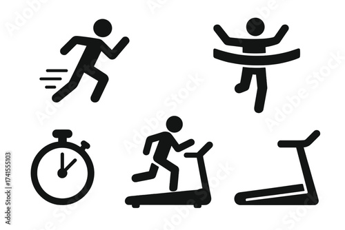 Running sport icon set with runner, race finish line, and treadmill. Marathon competition and fitness exercise vector elements. Simple pictogram of winner, stopwatch, and cardio.