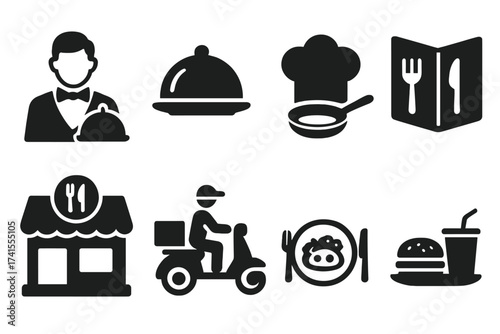 Restaurant and food delivery glyph icon set. Gastronomy business concept with server, chef, cooking, menu, fast food, takeaway, and dinner service vector pictograms.
