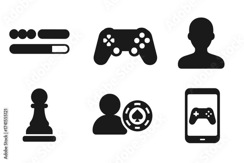 Game icon set for UI design. Gaming solid glyph collection with console controller, player avatar, chess pawn, casino poker chip, life bar and mobile phone game symbols. Vector.