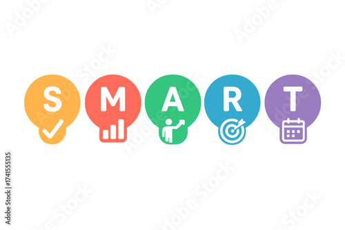 SMART goal setting method infographic. Business management concept. Specific, measurable, achievable, relevant, time-bound criteria. Vector illustration with flat icons.