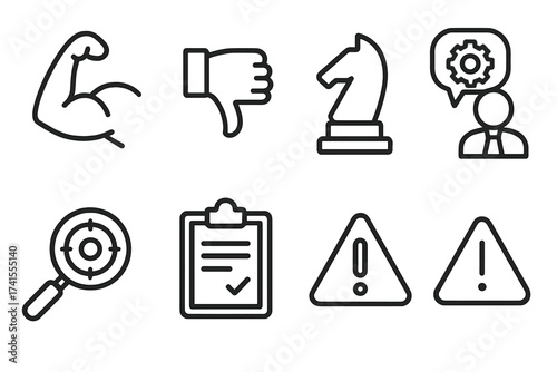 SWOT analysis method line icon set. Business strategy symbols for strengths, weaknesses, opportunities, threats. Vector icons for marketing, project management, and planning.