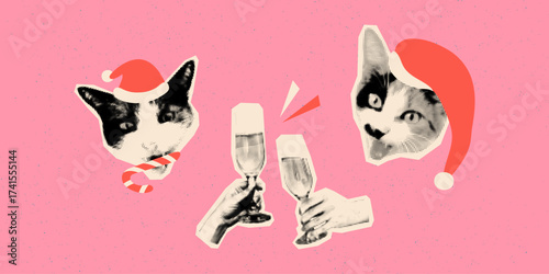 Christmas trendy art collage greeting banner template. Funny halftone cut out cats in Santa hats cheers with champagne Modern retro grunge mixed media vector illustration on grainy pink background