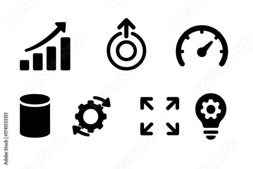 Scalability vector icon set for business. Glyphs for growth, expansion, performance, and capacity. Icons for adaptability, scalable resize, efficiency and innovation.