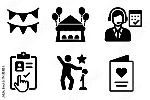 Event planning solid icon set for party and celebration management. Vector glyph collection with decoration, venue, event planner, guest list registration, entertainment, and invitation.