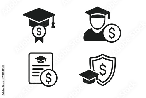 School fee icon set. Financial education concepts like scholarship, student loan, and university savings. Vector icons for tuition costs, grants, and college funding investment.