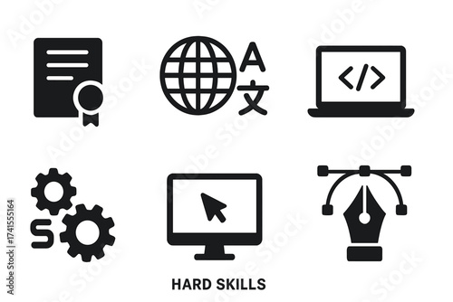 Hard skills solid glyph icon set. Job qualifications and professional abilities for a resume. Includes degree certificate, foreign language, coding, computer, and graphic design icons.