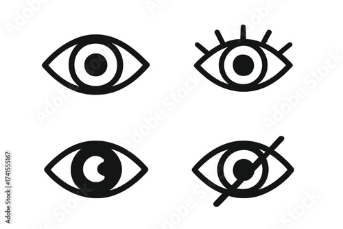Eye icon set. Vision and eyesight symbols collection. Simple linear outline icons for ophthalmology, optometry, or security logos. Vector graphic design elements. Look see concept.