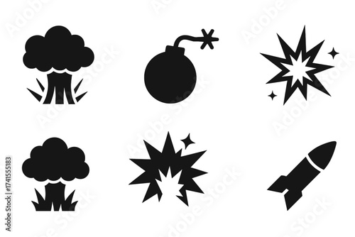 Explosion icon set with bomb, blast, rocket, mushroom cloud. Solid glyph vector collection for boom, bang, burst, weapon, atomic, danger and power concepts. Simple flat design.