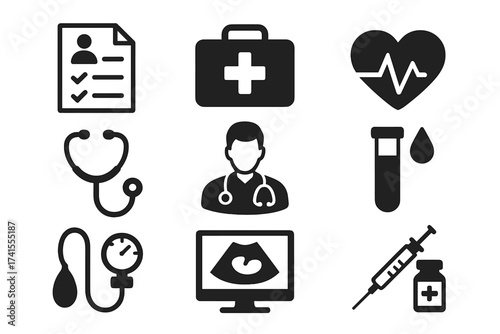 Health checkup icon set. Medical care service symbols. Doctor, hospital, clinic graphic collection. Diagnostics, treatment, cardiology, blood test, ultrasound, vaccination vector.