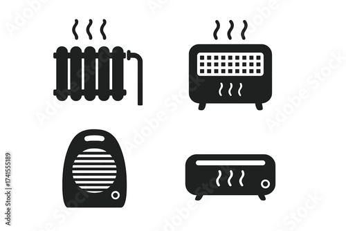 Heater electric equipment vector icon set. House temperature control symbol. Heating radiator system for home appliance illustration. Winter climate control pictogram glyph.