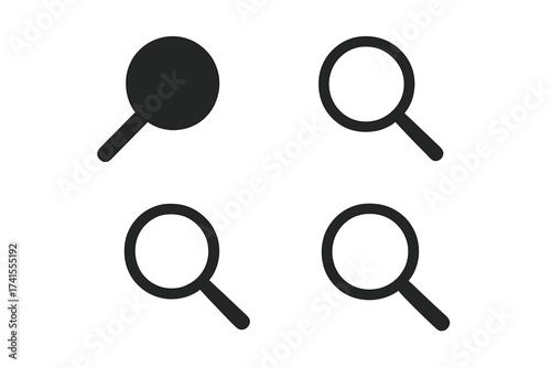 Search icon collection. Magnifying glass vector set. Find, discover, and zoom symbol. Lupe for research, analysis, investigation. Web button, UI, UX interface element design.