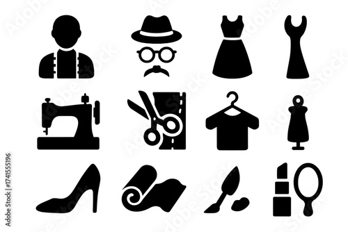 Fashion and tailor solid glyph icon set. Vector collection with sewing machine, dress, clothes, shoes, and beauty accessories. Apparel design and tailoring craft symbols.
