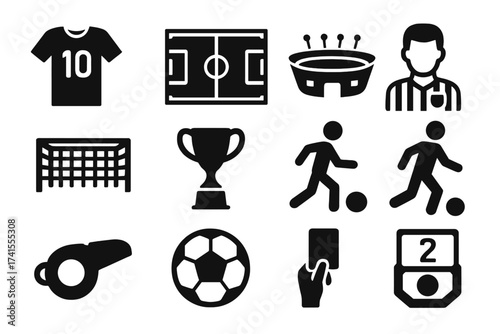 Football soccer solid glyph icon set. Sport competition elements. Vector symbols of player, referee, stadium, field, jersey, trophy, goal, ball, whistle, and red card.