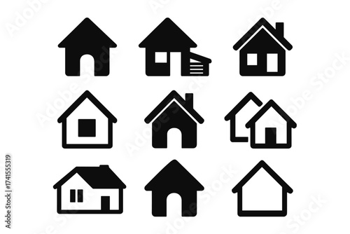 House icon set. Real estate property symbol collection. Home pictogram for web and mobile. Simple black building silhouette. Vector glyphs for housing and architecture design.