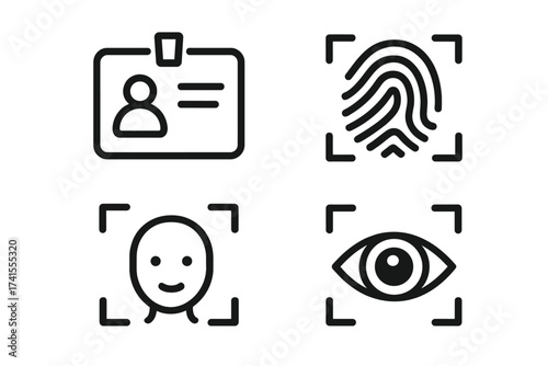 ID document and biometric icon set. Vector symbols for identity verification. Face ID, fingerprint scan, eye recognition. Security access control. Personal authentication.