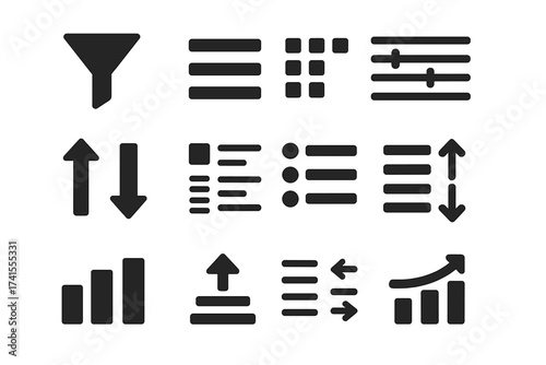 Sorting and filtering icon set. UI UX glyphs for data organization. Includes filter, list, arrange, sort, organize, priority, reorder, category, menu, and graph symbols.