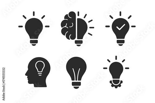 Idea icon set for creative thinking, brainstorming, and innovation. Collection of solid glyph icons showing lightbulb, brain, solution, and head silhouette symbols. Vector.