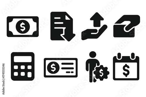Income and finance solid glyph icon set. Contains money, tax, earnings, payment, accounting, paycheck, work, pension, wages symbols. Business vector illustration.