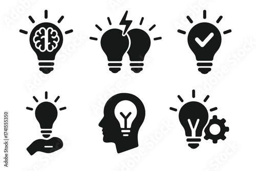 Creative idea icon set. Brainstorming, solution, thinking, innovation concepts. Lightbulb with brain, head silhouette, check mark, gear vector glyph collection for success.