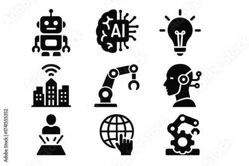 Future technology icon set. Concepts of robot, AI, innovation, smart city, robotics, humanoid, hologram, digital world, high-tech, automation, machine learning and industry 4.0.