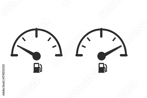 Gasoline fuel gauge symbol set. Fuel indicator icon collection. Full and empty fuel tank meter scale icon isolated on white background. Vector car dashboard element design.