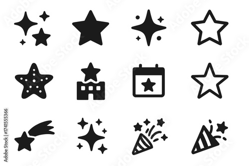 Star vector icon set collection. Solid glyph icons. Sparkle, shine, bright, twinkle. Favorite, award, rating, review. Hotel quality. Starfish. Shooting star. Event, celebration, party popper.
