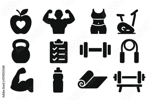 Gym fitness icon set. Healthy lifestyle, weight training, exercise equipment. Solid vector icons. Workout, bodybuilding, cardio, nutrition, diet, dumbbell, yoga mat, tracker.