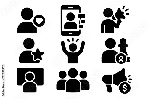 Influencer marketing solid glyph icon set. Icons for social media promotion, follower engagement, community building, content creation, celebrity, and monetization strategy.