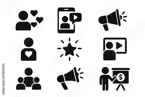 Influencer solid icon set. Social media marketing, promotion, passion, celebrity, influence, content creator, community, follower, likes, webinar, monetization vector pack.
