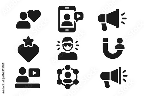 Influencer marketing icon set with solid glyphs. Vector icons for social media, promotion, community, content creation, followers, celebrity branding, and audience engagement.