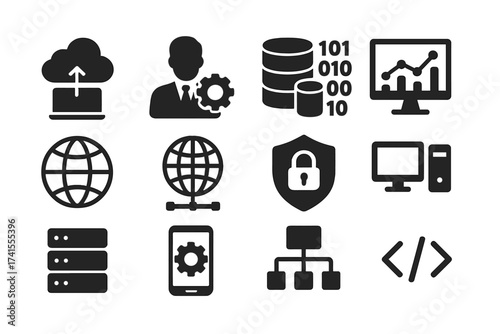Information technology solid glyph icon set. Vector symbols for cloud computing, big data, data analytics, network security, database, server, programming, and IT management.
