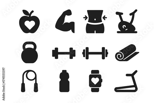 Gym and fitness solid icon set. Vector collection of workout and exercise equipment for healthy lifestyle, weight training, cardio, and body care. Dumbbell and kettlebell symbols.