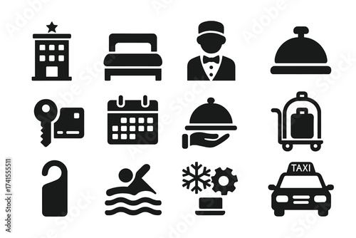 Hotel service icon set. Hospitality symbols for booking, room service, facilities, and more. Solid glyph vector collection for travel, tourism, and vacation app or web design.