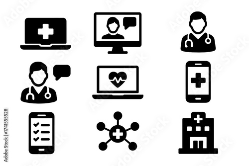 Telemedicine solid icon set with telehealth, virtual doctor consultation, remote healthcare, medical app, smart hospital. Digital health glyph symbols for online clinic and e-health.