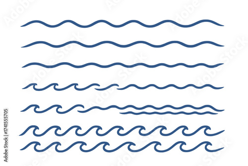 Vector water wave line pattern set. Sea ocean flow symbol. Abstract doodle sketch. Simple blue decorative graphic element. River stream border divider. Aqua liquid shape.