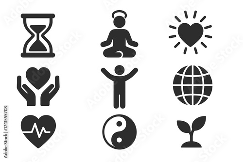 Life icon set for wellness, harmony, balance. Solid vector icons of health, spirit, growth, love, vitality, existence, pulse, soul. Health care and meditation concepts.