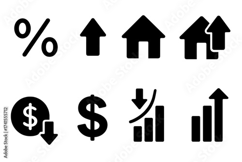 Interest rate icon set for finance, banking. Percentage growth, decline graph. Mortgage loan, real estate cost up, down arrow symbol. Vector economy, money, dollar signs.