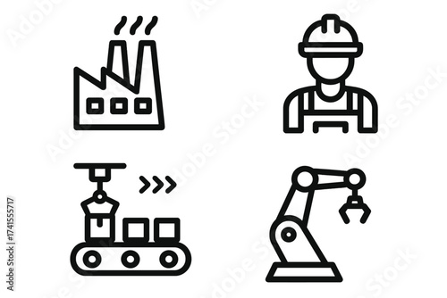 Manufacturing icon set with factory, industry, and production symbols. Automated assembly line, conveyor, robotic arm, and engineer worker. Vector line art illustration.