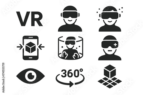 Virtual reality icon set. VR, AR, augmented, mixed reality, metaverse. Headset, glasses, 360 view. Immersive experience, technology, simulation, cyber, digital, game, glyphs.